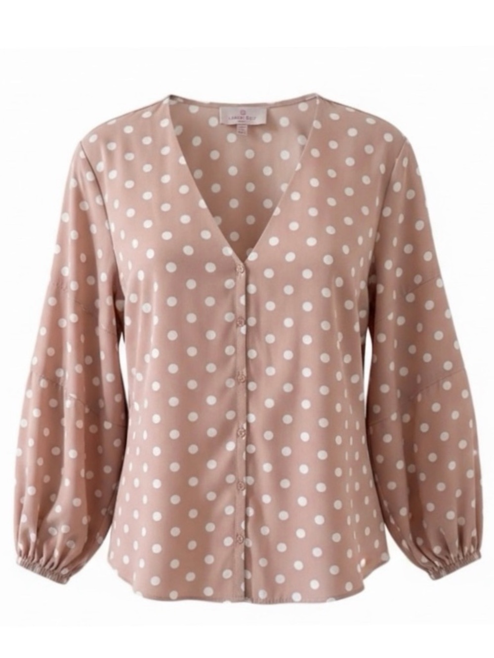 Laurie Felt Blush Pink with White Polka Dots Button Down Long Sleeve Blouse